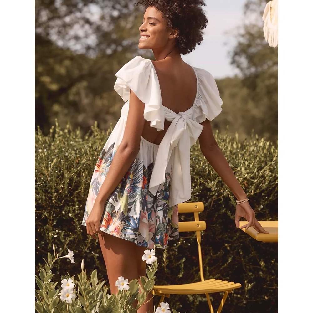 NWT Anthropologie Ruffle Sleeve Open Back Mini Dress S Fit and Flare‎ Tropical